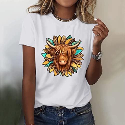 Camiseta de vaca feminina camisetas de animais de verão camisetas de manga curta Crewneck tops de verão camisas casuais de túnica básica de túnica