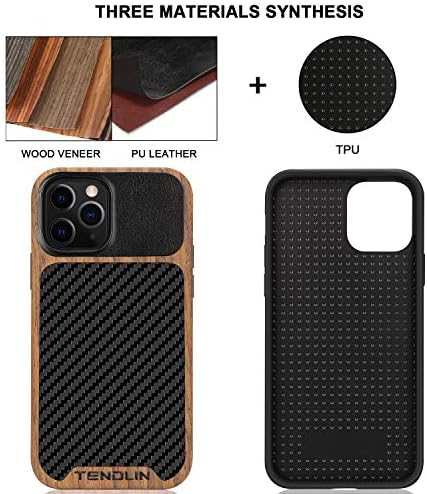 Tendlin Compatível com iPhone 12 Pro Max Case Wood Wood com fibra de fibra de carbono Design de couro Caixa Híbrida Preto