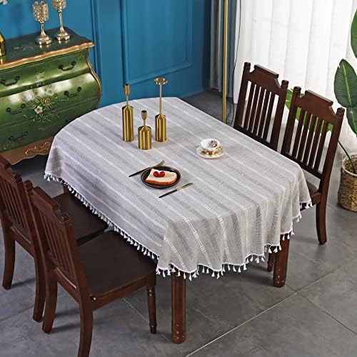 Farmhouse de toalha rústica topo oval de mesa bordada de mesa de mesa de mesa de mesa com hemstonagem listrada com borlas para jantar de cozinha em casa decoração café 60 x 84 polegadas