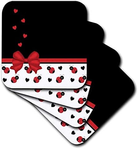 3drose Red Red Black Ladybugs Flutuating Hearts Red Ribbon - Coasters macios, conjunto de 4