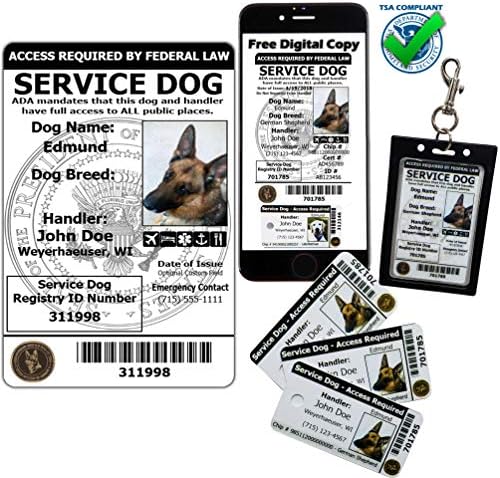 Activedogs Serviço Registrado Card de identificação de identificação da foto de cão + transportadora de clipe + 3 cartões de etiqueta de identificação de chave + cópia digital para celular - compatível com ADA & TSA