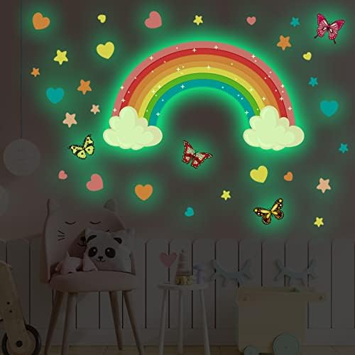Glow nos decalques escuros de parede de arco -íris escuros Rainbow Removable Star Butterfly Heart Wall Stick Gllowing Rainbow