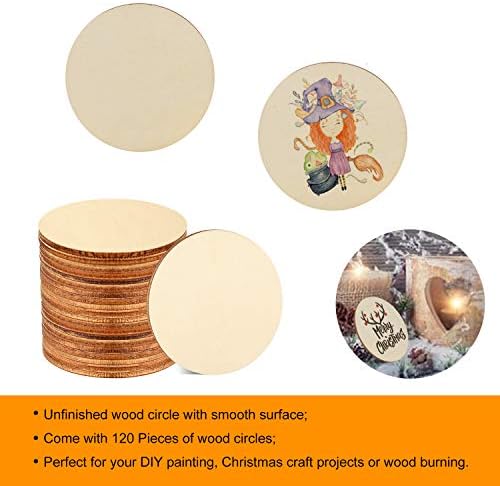 120 peças 2 polegadas inacabadas círculos de madeira em branco Fatias de madeira redonda natura