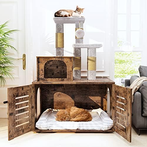 Gabinete da caixa de areia de gato recaceik com árvore de gato, móveis escondidos de banheiro com divisória, casa de gato de madeira