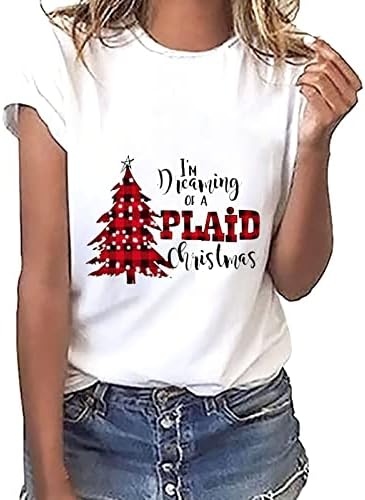 Camiseta feminina Tops Feliz Natal árvore e xadrez t-shirt de camisetas de pullita de gola alta da tripulação modal