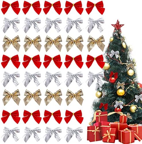 Queenbox 2in 36pcs Arcos de pano de Natal, Garland Wreath Gift Bowknot para férias Tree Tree Topper Ornamento pendurado, vermelho