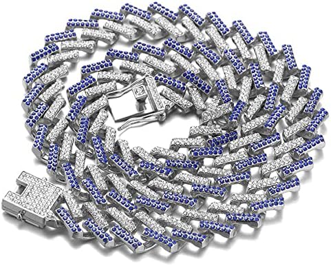 Cadeia de ouro de halukakah para cães grandes, colar de colar de link cubano de diamante 14 mm de diamantes azuis de