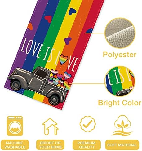 Seliem Gay Pride Month Love Is Love Rainbow Hearts Table Runner, LGBTQ Lesbian Bissexual Pansexual Truck Cozinha Decoração de