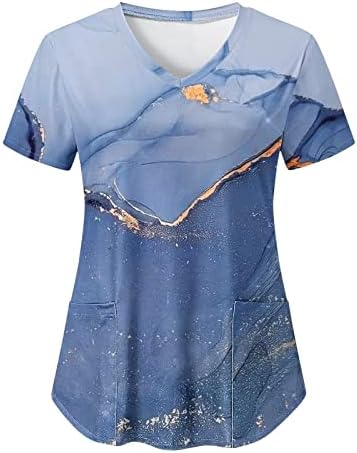 Tops vintage para mulheres Camisa de pescoço de manga curta de verão com 2 bolsos Bloups Funny Working Tops Tops de férias