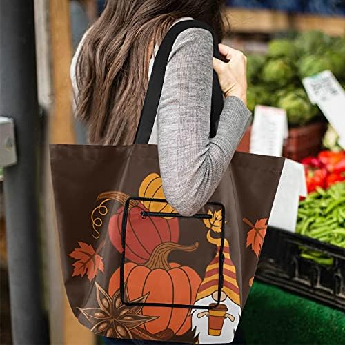 Abóboras outono folhas de outono gnome saco de ombro dobrável bolsa de supermercado reutilizável bolsa de bolsa de bolsa para