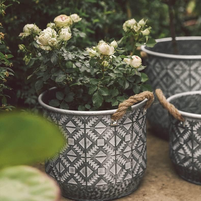 Lukeo Hemp corda Orelhas duplas de ferro em relevo balde redondo de ferro forjado decoração de vaso de flores em casa Varanda