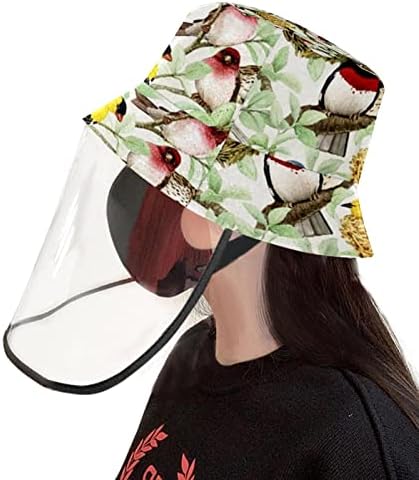 Chapéu de proteção para adultos com escudo facial, chapéu de pescador anti -sun tap, folhas de flores de pássaro azul