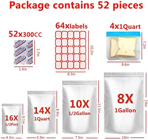 52 sacos Mylar com absorvedores de oxigênio 300cc para armazenamento de alimentos, 52 PCs engrossam sacos de galão reutilizáveis