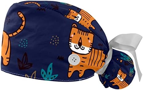 2 pacotes tigre marinho azul tampa de trabalho com botões e banda de moletom amarra ajustável para trás chapéus bouffant para mulher homem