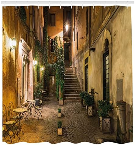 Cortina de chuveiro italiana de Ambesonne, antigo pátio Roma Roma Itália Cadeiras Casas Históricas da Cidade na rua, decoração de