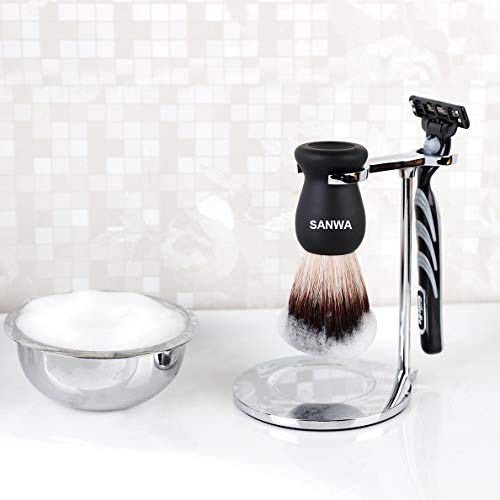 Sanwa Deluxe Brush de barbear pesado Stanha de barbear com uma tigela de barbear de aço inoxidável inquebrável, compatível com fusão Gillette e Mach 3, barbear de segurança dupla, barbeador de cartucho, Razor