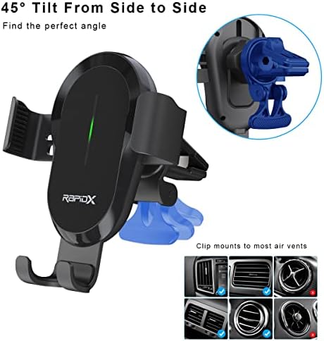 RAPIDX DASHIO CW4 Montagem de ventilação e carregador sem fio, até 15W, Slide & Lock Cradle/Clamp, para todos os smartphones