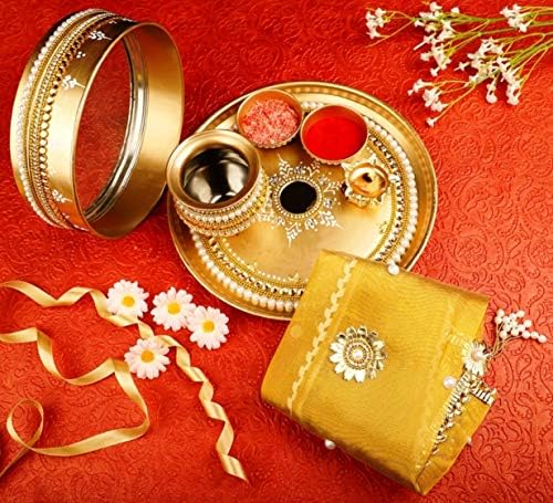 Itiha® ouro karwachauth/karvachauth indiano tradicional decorativo pooja thali belo presente étnico/kankavati/artesanato