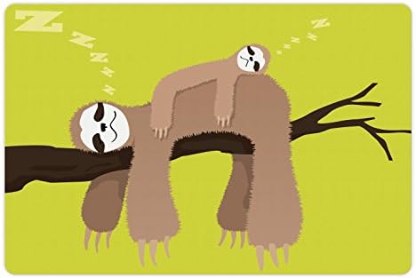 Ambesonne Sleth Pet Tapete Para comida e água, mãe de desenho animado dormindo em um animal de galho em sua família Carefree, tapete de borracha sem deslizamento para cães e gatos, 18 x 12, Cocoa Apple Green