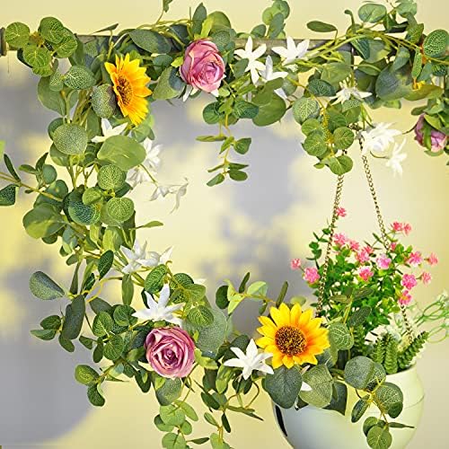 Garland de naidiler eucalipto com flores, guirlanda de primavera para decoração de decoração de manto decoração de arco de casamento,