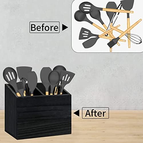 Suporte de utensílio YM YM para balcão de cozinha, organizador de utensílios de madeira com 2 compartimentos, caddy de utensílios