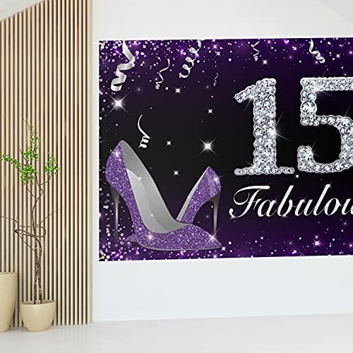 Hamigar 6x4ft Banner de aniversário de 15 anos - Banco de cenário - 15 e fabulosos saltos de aniversário Decorações de festas de festa para meninas - roxo
