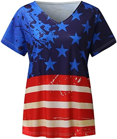Basics Camisa feminina Mulheres American Star Flag Top Camiseta V Camisa de pescoço Moda de manga curta Top Top Women