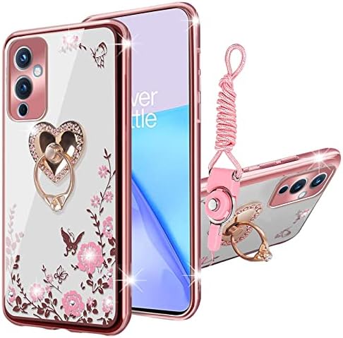 Kudini para o OnePlus 9 5G Case, OnePlus 9 Caso para mulheres Glitter Crystal Bling Soft Butterfly Heart Floral Clear Protective