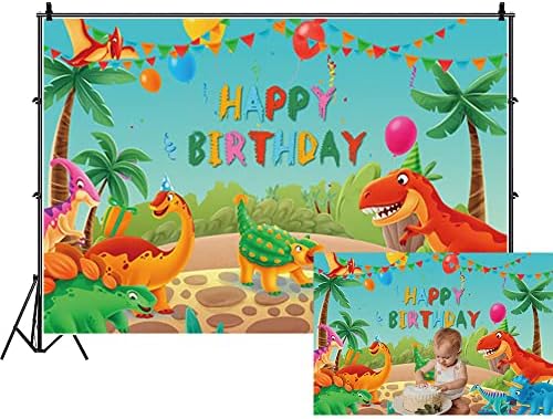 Renaiss 7x5ft Feliz Aniversário Dinosaur Party Party Beddrop Dinosaurs coloridos bandeiras Balões de plantas tropicais