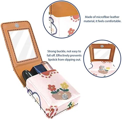 Mini maquiagem de Oryuekan com espelho, bolsa de embreagem Leatherette Lipstick Case, Cartoon Bear and Peach Lovely Kawaii