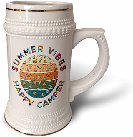 3drose Summer Vibes Happy Camper. Frascos coloridos, bússolas. - 22 onças de caneca