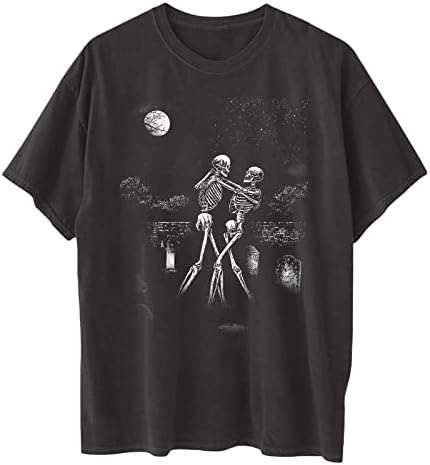 Camisetas gráficas para mulheres y2k Camiseta casual de caveira vintage de manga curta, camisetas pretas elásticas em grande porte