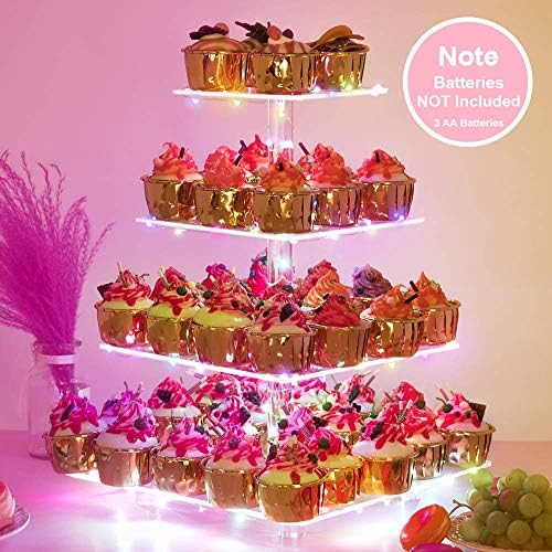 3 Stand Pop de bolo de prateleira de camada + Display de acrílico de 4 camadas para pastelaria + cordão de luz LED