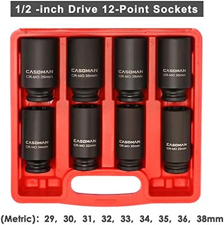 Casoman 1/2 polegada Drive Deep Fusndle Exle Nut Impact Socket, 12 pontos, métrica, CR-MO, 29,30 32 34 35,36,38,39mm & 9 peças 1/2 Dr.