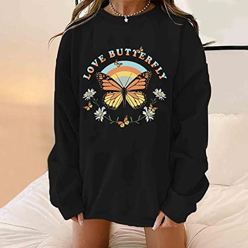 Beuu feminino adoro borboleta impressão t camisetas jumpers casual colheitecho de pullover de manga longa de manga longa blusa