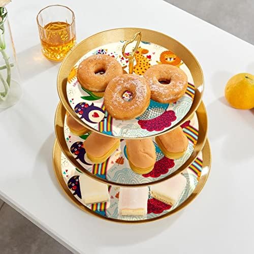 3 Placa de fruta de cupcake de 3 camadas de sobremesa Plástico para servir suporte de exibição para casamento de aniversário Decorações de chá de chá de chá de bebê redondo, desenho animado urso pinguim stand arco -íris