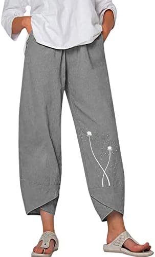 Calças de linho de perna larga Ethkia para mulheres da perna alta cintura alta Capri algodão linho de linho com bolsos Boho