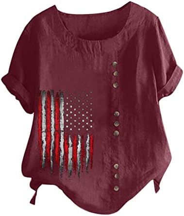 4 de julho Tees Tees Women Independence Day Cotton Tops Casual 3/4 manga Crewneck Button Blouse Pullover patriótico