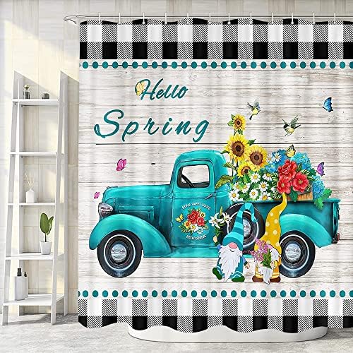 Cortina de chuveiro floral de caminhão rústico, carros turquesa vintage floral com gnomos fofos em acessórios de banheiro de madeira, primavera preta branca búfalo xadrez de cortina de banheiro xadrez com ganchos, 72x72inch