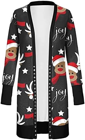 Cardigã de natal ndvyxx para mulheres 2022 impressões abertas abertas Jaquetas de suéter leve de manga longa Casual Casual