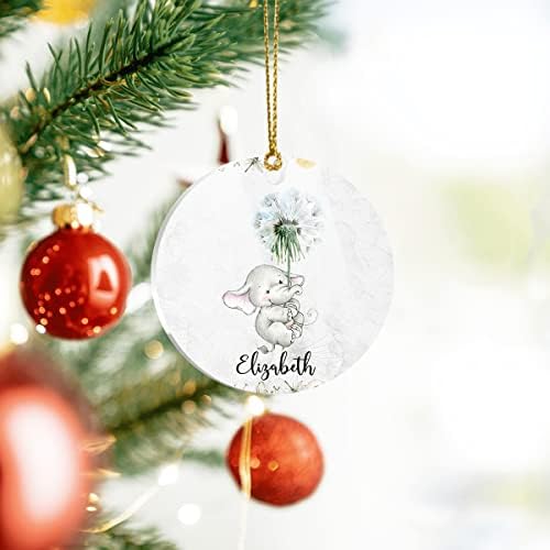 Decoração personalizada de ornamentos de elefante de dente -de -leão, ornamento de natal de natal de ano novo, decorações de árvores de círculo de círculos, presentes para crianças amantes de elefantes da família, transparente