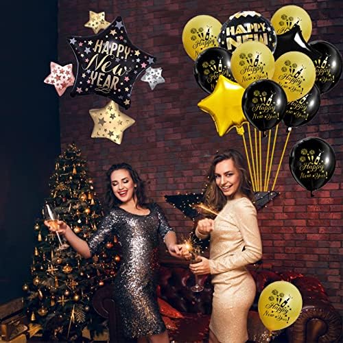 Conjunto de decorações de feliz ano novo, kit de balões de ouro preto de 18 polegadas, suprimentos de festa de véspera de Ano Novo de 2023, incluindo balão de papel alumínio, balão de látex, fita, adesivos de tatuagem