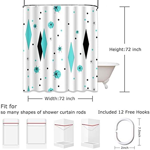 Cortina de chuveiro semtomn tecido de poliéster à prova d'água 72 x 72 polegadas personalizáveis ​​retro diamantes turquesa