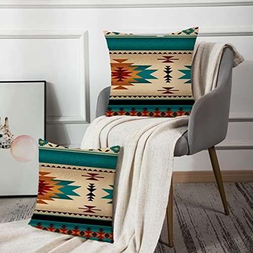 Conjunto de emvências de 2 arremolos de arremesso de travesseiro de tecido tribal impressão de tecido azul turquesa Casa decorativa Decoração de casa ocidental quadrado 18 x 18 polegadas almofadas de almofada