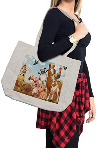 Bolsa de compras de animais de Ambesonne, ilustração de animais em uma fazenda com céu nublado e arte impressa no vento, bolsa