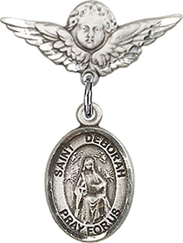 Rosgo do bebê de obsessão por jóias com o charme de St. Deborah e anjo com Wings Badge Pin | Badge de bebê de prata