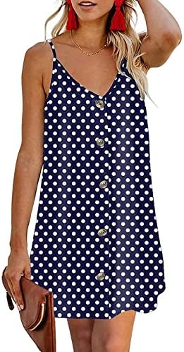 Fragarn Spaghetti Sundresses for Women, Button Summer V Neck Beach Boho Print Print Casual Fit Fit Short Mini Dress