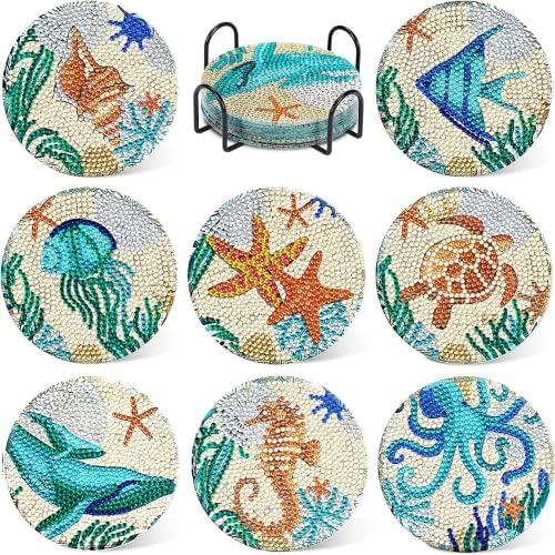 Changbaishan 8 PCs Ocean Diamond Painting Coasters com suporte, kits de arte de diamante DIY Marine Life Life, tinta