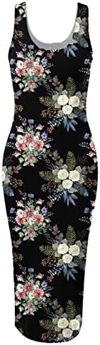 Lmdudan feminino sem mangas Round Neck Bodycon Dress 2023 Vestido de joelho com estampa floral com estampa floral de verão