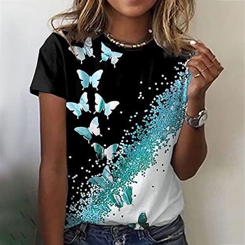 Tops de estampas florais de borboleta feminina Tops de manga curta pescoço casual t camisetas camisetas de verão blusa de ajuste
